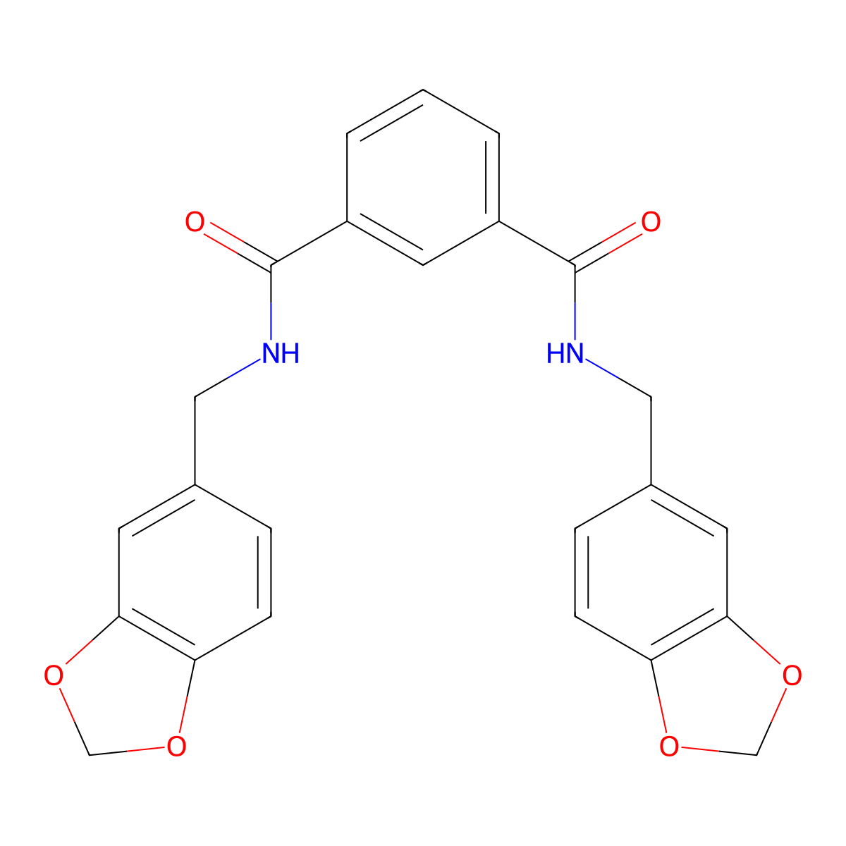 N1,N3-bis(benzo[d][1,3]dioxol-5-ylmethyl)isophthalamide molecular structure, CAS 383163-58-4
