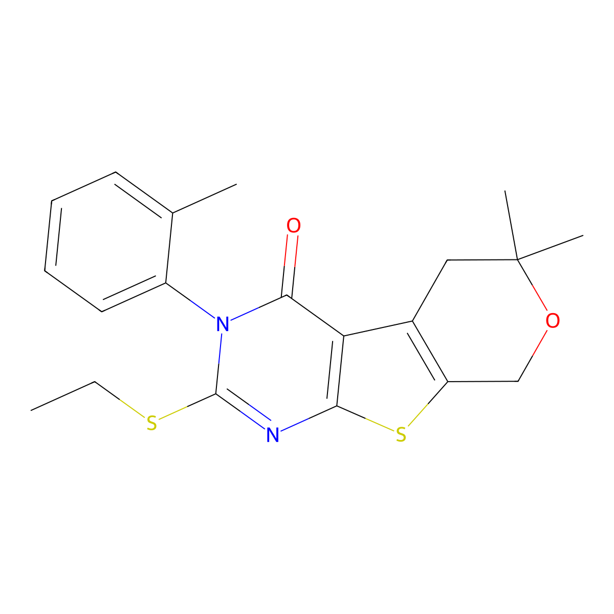 2-(ethylsulfanyl)-6,6-dimethyl-3-(2-methylphenyl)-3,5,6,8-tetrahydro-4H-pyrano[4',3':4,5]thieno[2,3-d]pyrimidin-4-one molecular structure, CAS 383370-25-0