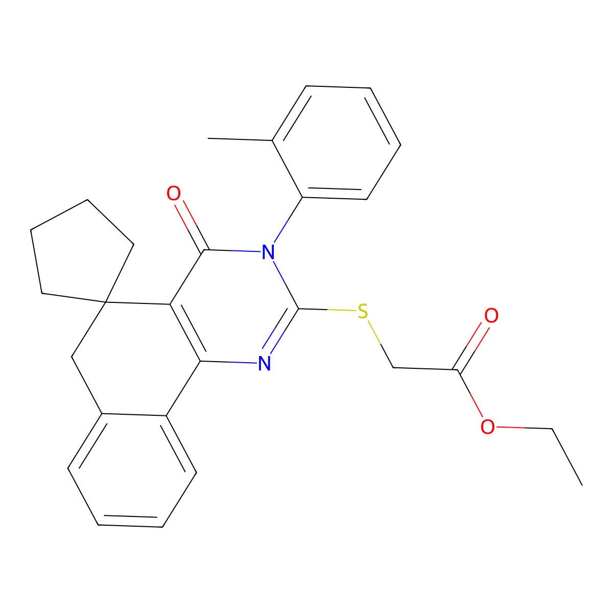 ethyl 2-[3-(2-methylphenyl)-4-oxospiro[6H-benzo[h]quinazoline-5,1'-cyclopentane]-2-yl]sulfanylacetate molecular structure, CAS 383370-52-3