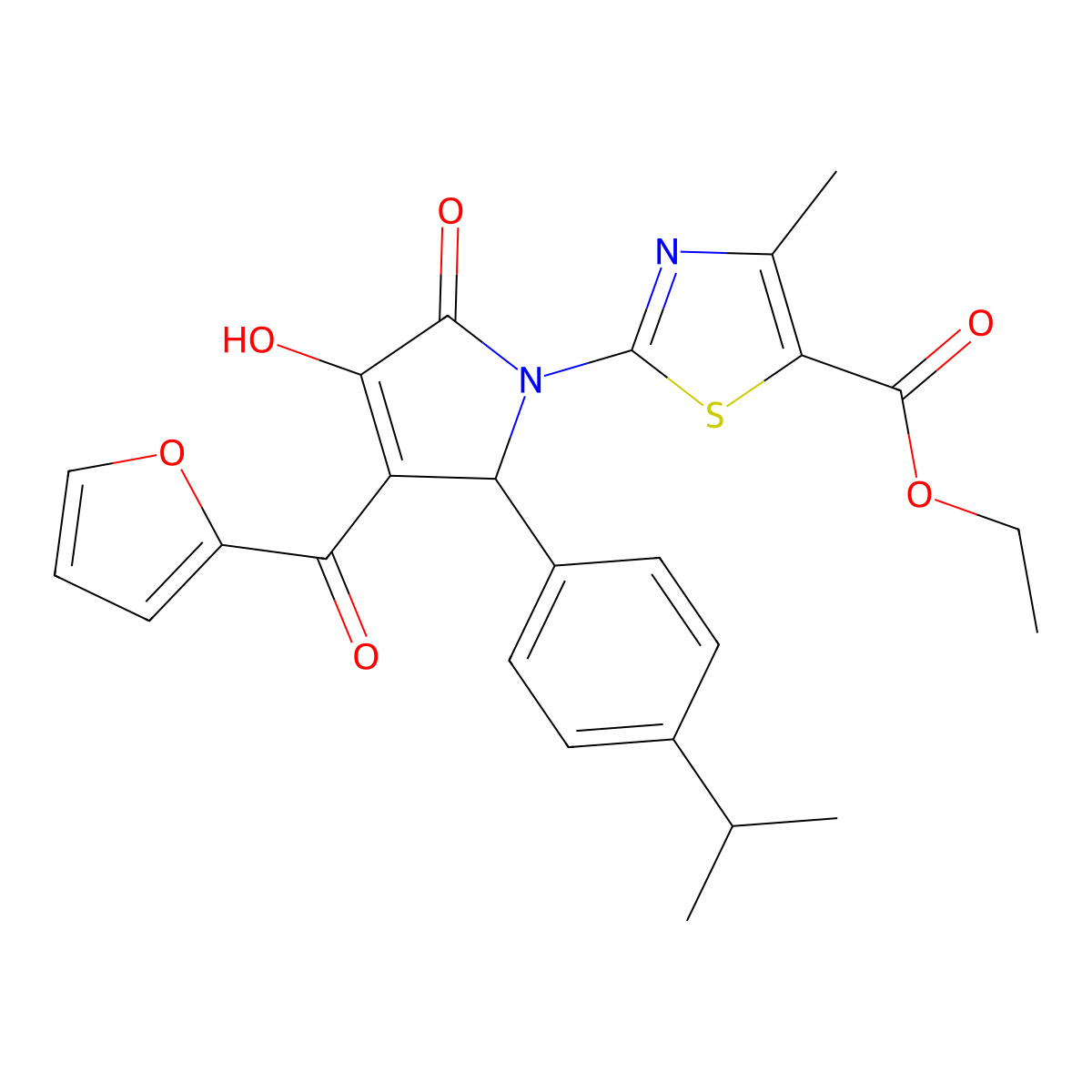 ethyl 2-{(3E)-3-[furan-2-yl(hydroxy)methylidene]-4,5-dioxo-2-[4-(propan-2-yl)phenyl]pyrrolidin-1-yl}-4-methyl-1,3-thiazole-5-carboxylate molecular structure, CAS 383370-62-5