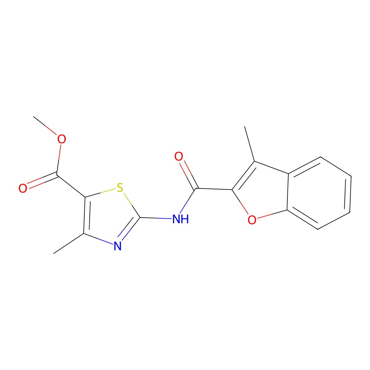 Methyl 4-methyl-2-{[(3-methyl-1-benzofuran-2-yl)carbonyl]amino}-1,3-thiazole-5-carboxylate molecular structure, CAS 383371-74-2