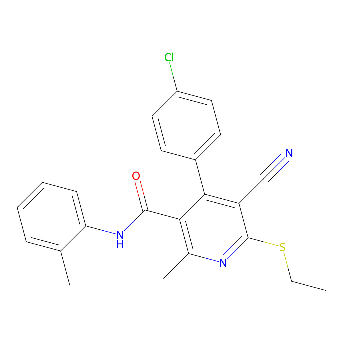 4-(4-chlorophenyl)-5-cyano-6-ethylsulfanyl-2-methyl-N-(2-methylphenyl)pyridine-3-carboxamide molecular structure, CAS 383892-12-4
