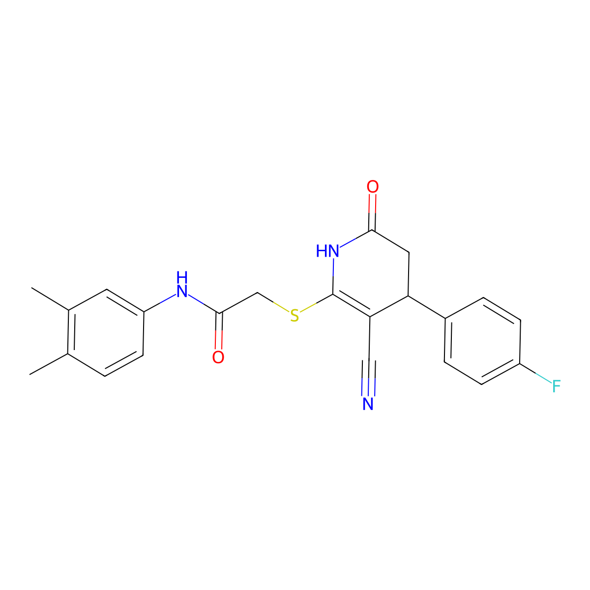 2-((3-cyano-4-(4-fluorophenyl)-6-oxo-1,4,5,6-tetrahydropyridin-2-yl)thio)-N-(3,4-dimethylphenyl)acetamide molecular structure, CAS 383892-33-9