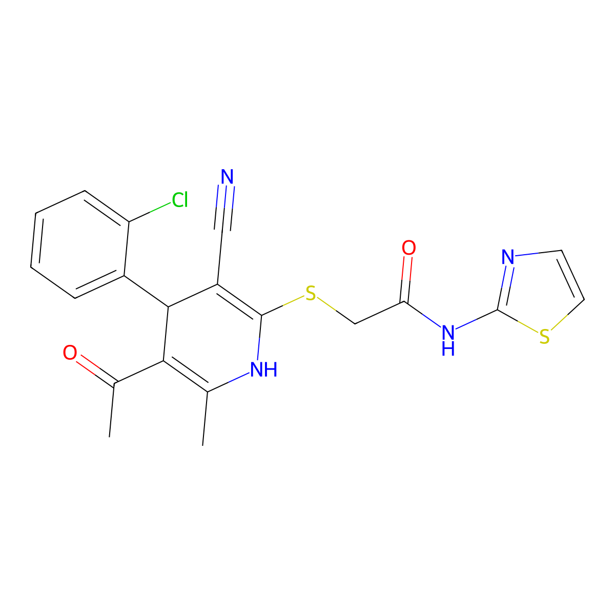 2-{[5-acetyl-4-(2-chlorophenyl)-3-cyano-6-methyl-1,4-dihydropyridin-2-yl]sulfanyl}-N-(1,3-thiazol-2-yl)acetamide molecular structure, CAS 383892-56-6