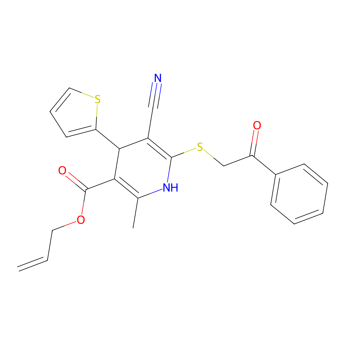 Prop-2-en-1-yl 5-cyano-2-methyl-6-[(2-oxo-2-phenylethyl)sulfanyl]-4-(thiophen-2-yl)-1,4-dihydropyridine-3-carboxylate molecular structure, CAS 383892-70-4