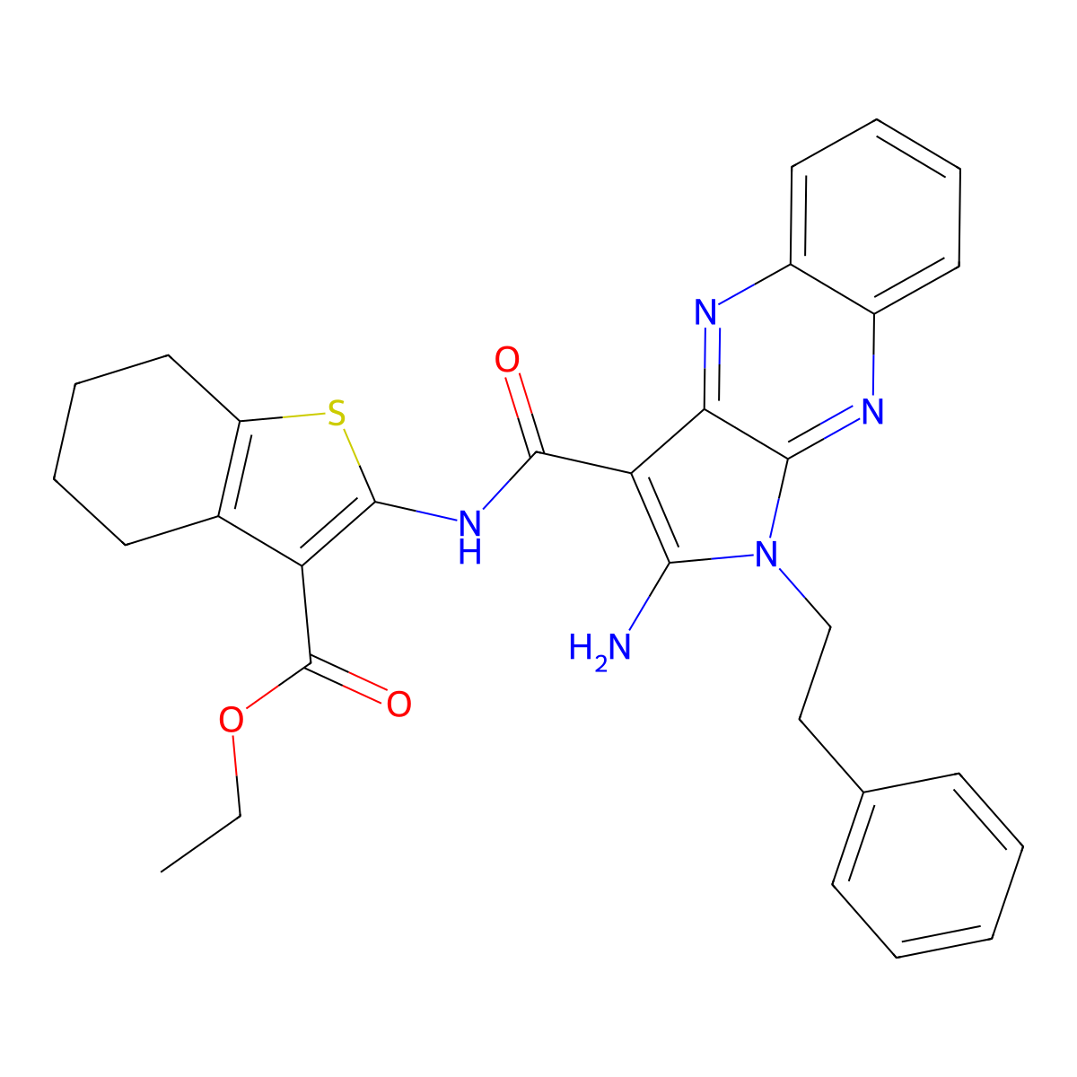ethyl 2-({[2-amino-1-(2-phenylethyl)-1H-pyrrolo[2,3-b]quinoxalin-3-yl]carbonyl}amino)-4,5,6,7-tetrahydro-1-benzothiophene-3-carboxylate molecular structure, CAS 383892-84-0