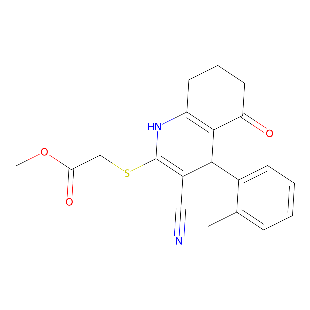 Methyl {[3-cyano-4-(2-methylphenyl)-5-oxo-1,4,5,6,7,8-hexahydroquinolin-2-yl]sulfanyl}acetate molecular structure, CAS 383892-92-0