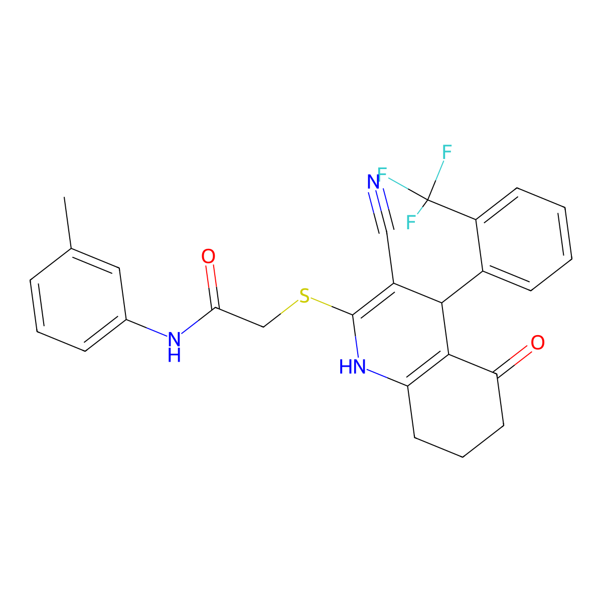 2-({3-cyano-5-oxo-4-[2-(trifluoromethyl)phenyl]-1,4,5,6,7,8-hexahydroquinolin-2-yl}sulfanyl)-N-(3-methylphenyl)acetamide molecular structure, CAS 383893-35-4