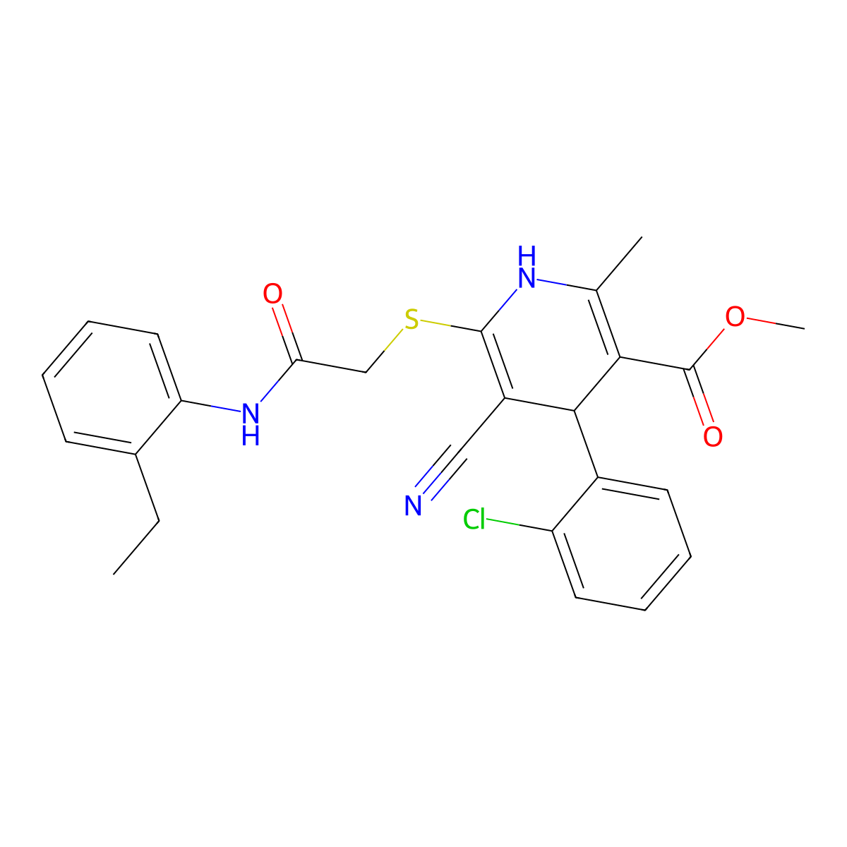 Methyl 4-(2-chlorophenyl)-5-cyano-6-((2-((2-ethylphenyl)amino)-2-oxoethyl)thio)-2-methyl-1,4-dihydropyridine-3-carboxylate molecular structure, CAS 383893-60-5