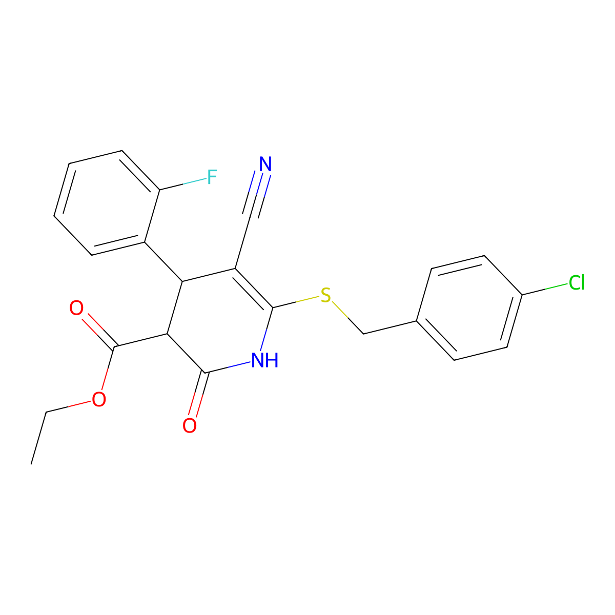 ethyl 6-[(4-chlorophenyl)methylsulfanyl]-5-cyano-4-(2-fluorophenyl)-2-oxo-3,4-dihydro-1H-pyridine-3-carboxylate molecular structure, CAS 383893-65-0