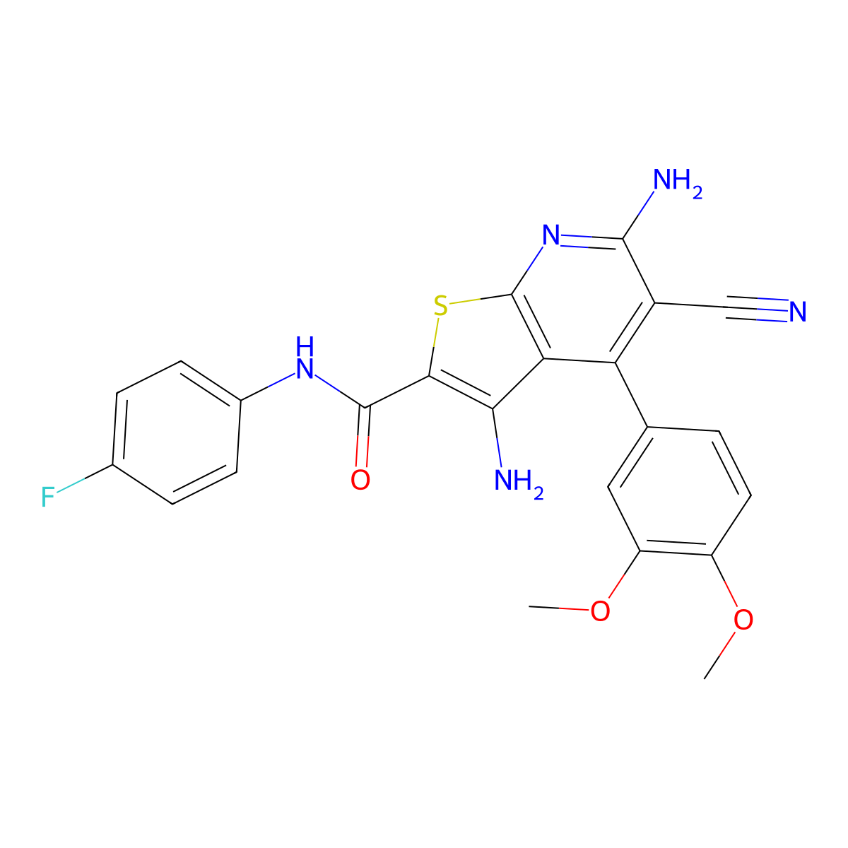 3,6-diamino-5-cyano-4-(3,4-dimethoxyphenyl)-N-(4-fluorophenyl)thieno[2,3-b]pyridine-2-carboxamide molecular structure, CAS 383893-84-3