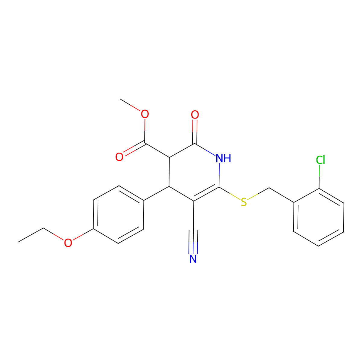 Methyl 6-((2-chlorobenzyl)thio)-5-cyano-4-(4-ethoxyphenyl)-2-oxo-1,2,3,4-tetrahydropyridine-3-carboxylate molecular structure, CAS 383893-86-5