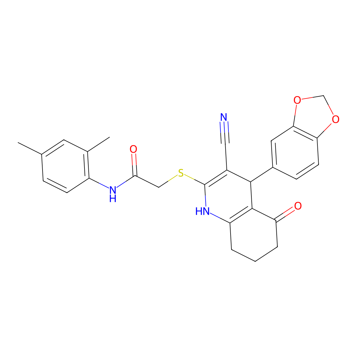 2-((4-(benzo[d][1,3]dioxol-5-yl)-3-cyano-5-oxo-1,4,5,6,7,8-hexahydroquinolin-2-yl)thio)-N-(2,4-dimethylphenyl)acetamide molecular structure, CAS 383894-47-1