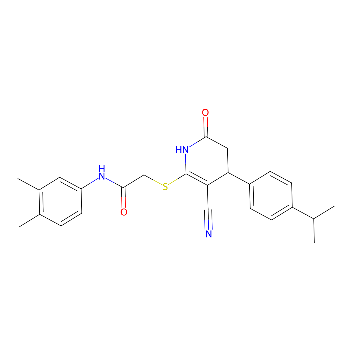 2-({3-cyano-6-oxo-4-[4-(propan-2-yl)phenyl]-1,4,5,6-tetrahydropyridin-2-yl}sulfanyl)-N-(3,4-dimethylphenyl)acetamide molecular structure, CAS 383894-49-3