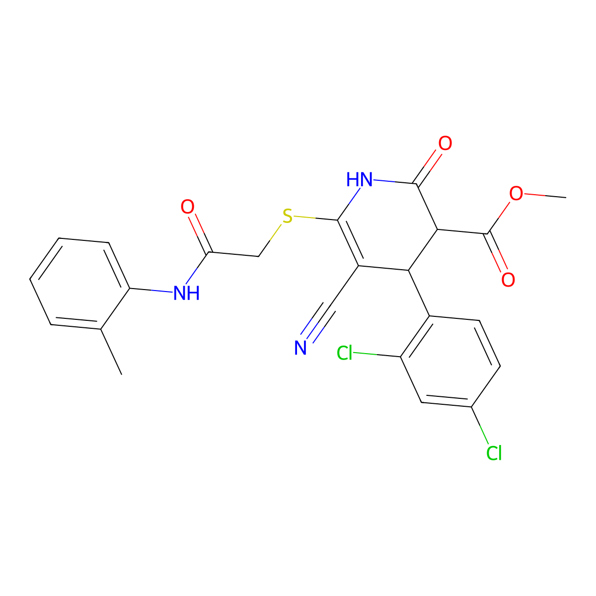 Methyl 5-cyano-4-(2,4-dichlorophenyl)-2-hydroxy-6-({2-[(2-methylphenyl)amino]-2-oxoethyl}sulfanyl)-3,4-dihydropyridine-3-carboxylate molecular structure, CAS 383894-68-6
