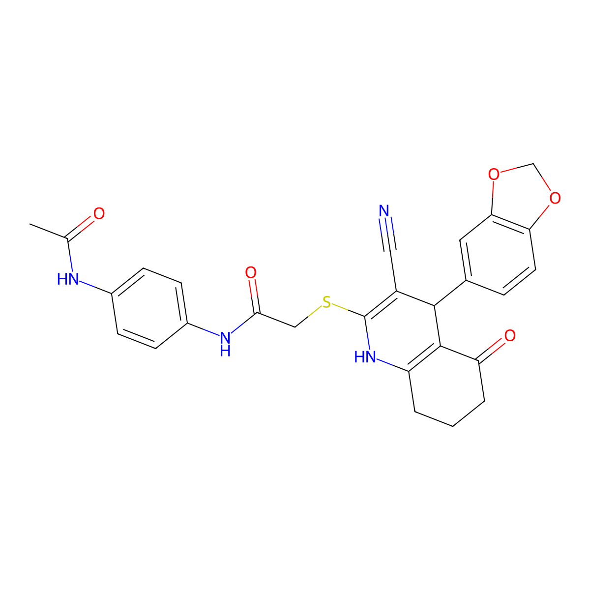 N-[4-(acetylamino)phenyl]-2-{[4-(1,3-benzodioxol-5-yl)-3-cyano-5-hydroxy-4,6,7,8-tetrahydroquinolin-2-yl]sulfanyl}acetamide molecular structure, CAS 383895-65-6