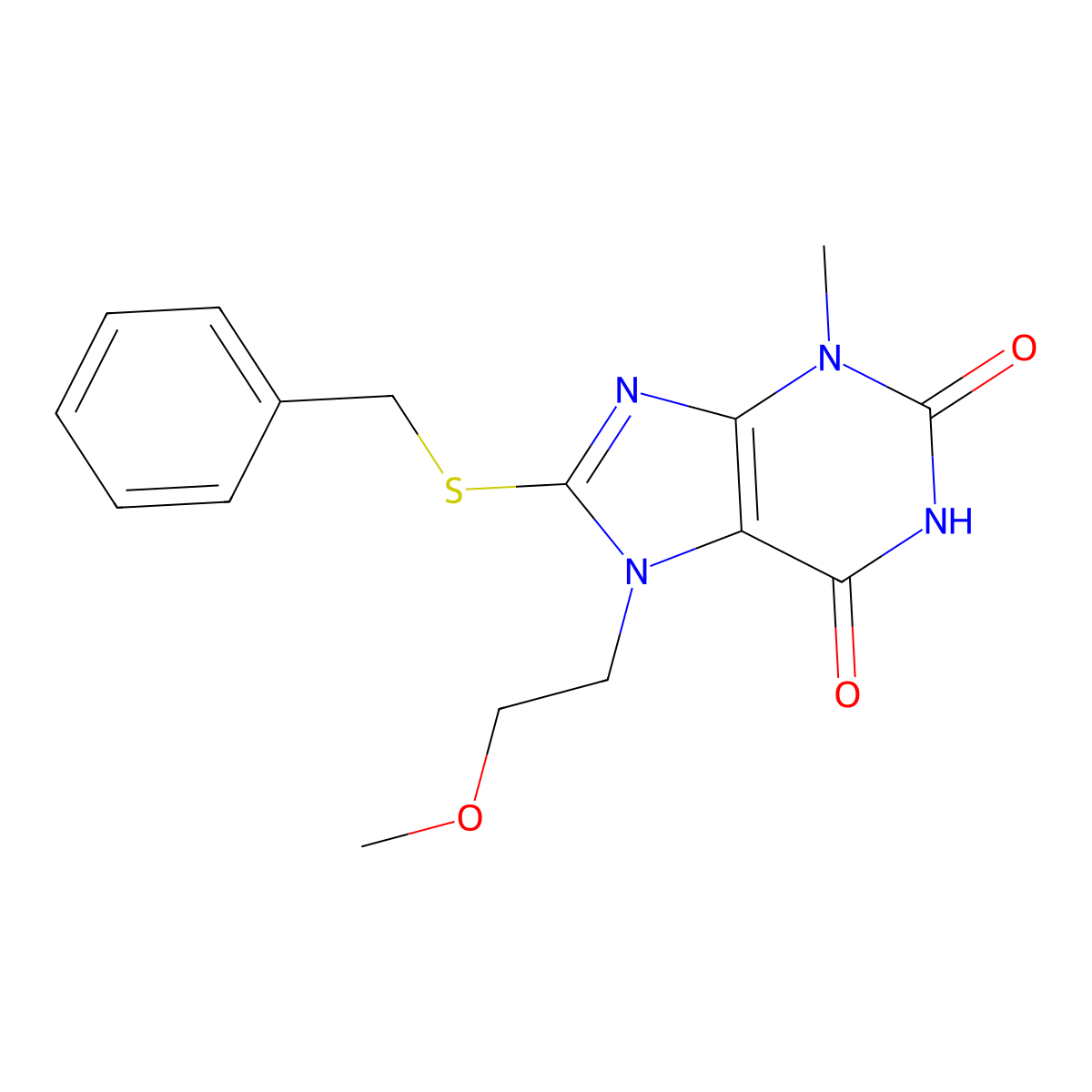8-(benzylthio)-7-(2-methoxyethyl)-3-methyl-1H-purine-2,6(3H,7H)-dione molecular structure, CAS 383895-67-8