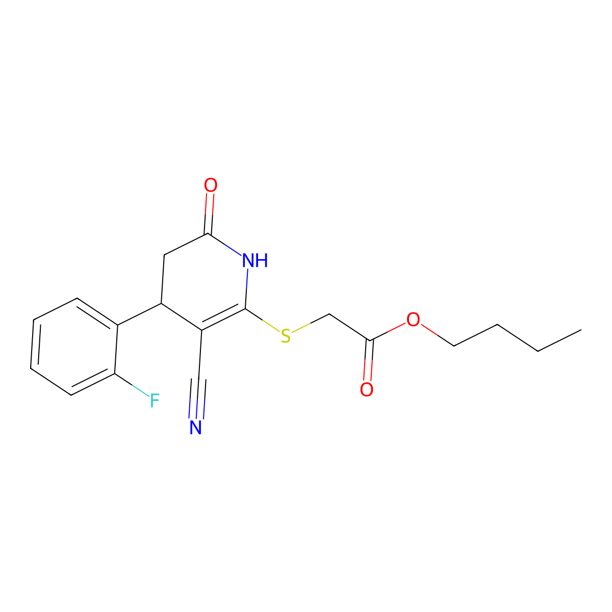 Butyl {[3-cyano-4-(2-fluorophenyl)-6-oxo-1,4,5,6-tetrahydropyridin-2-yl]sulfanyl}acetate molecular structure, CAS 383895-86-1