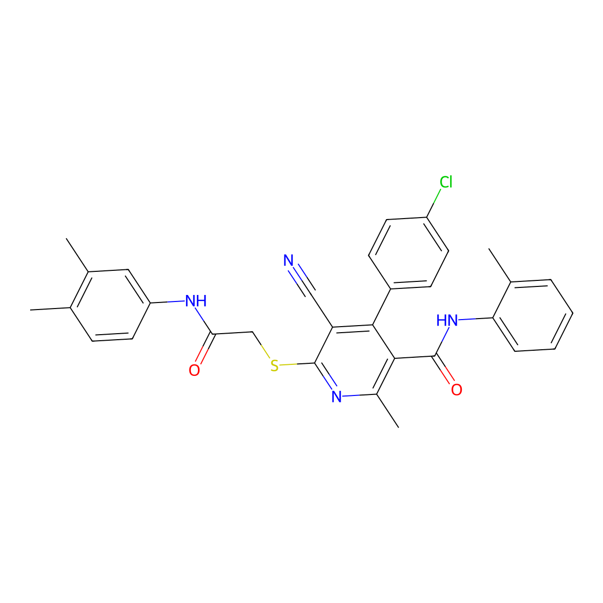 4-(4-chlorophenyl)-5-cyano-6-((2-((3,4-dimethylphenyl)amino)-2-oxoethyl)thio)-2-methyl-N-(o-tolyl)nicotinamide molecular structure, CAS 383896-52-4