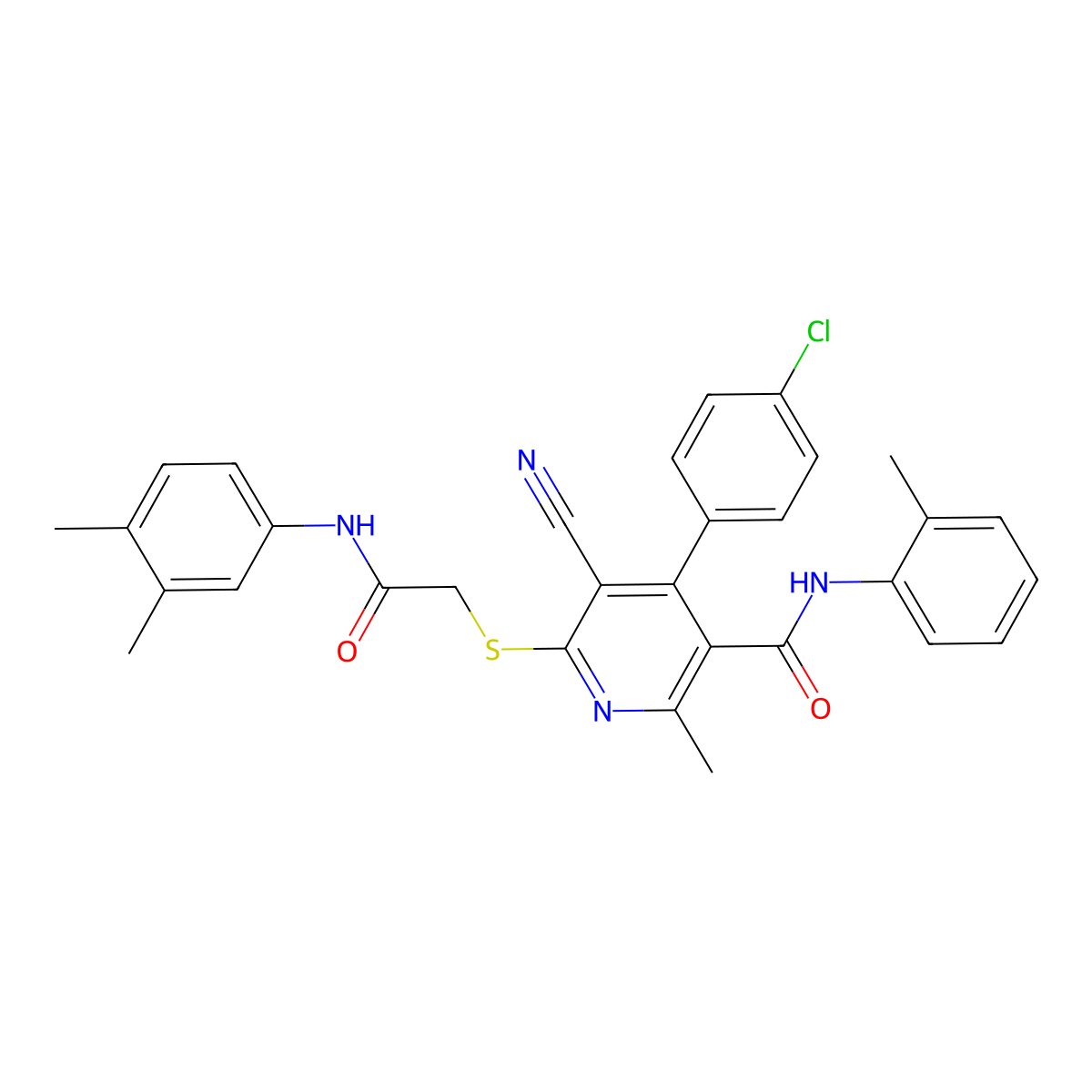 4-(4-chlorophenyl)-5-cyano-6-((2-((3,4-dimethylphenyl)amino)-2-oxoethyl)thio)-2-methyl-N-(o-tolyl)nicotinamide molecular structure, CAS 383896-52-4