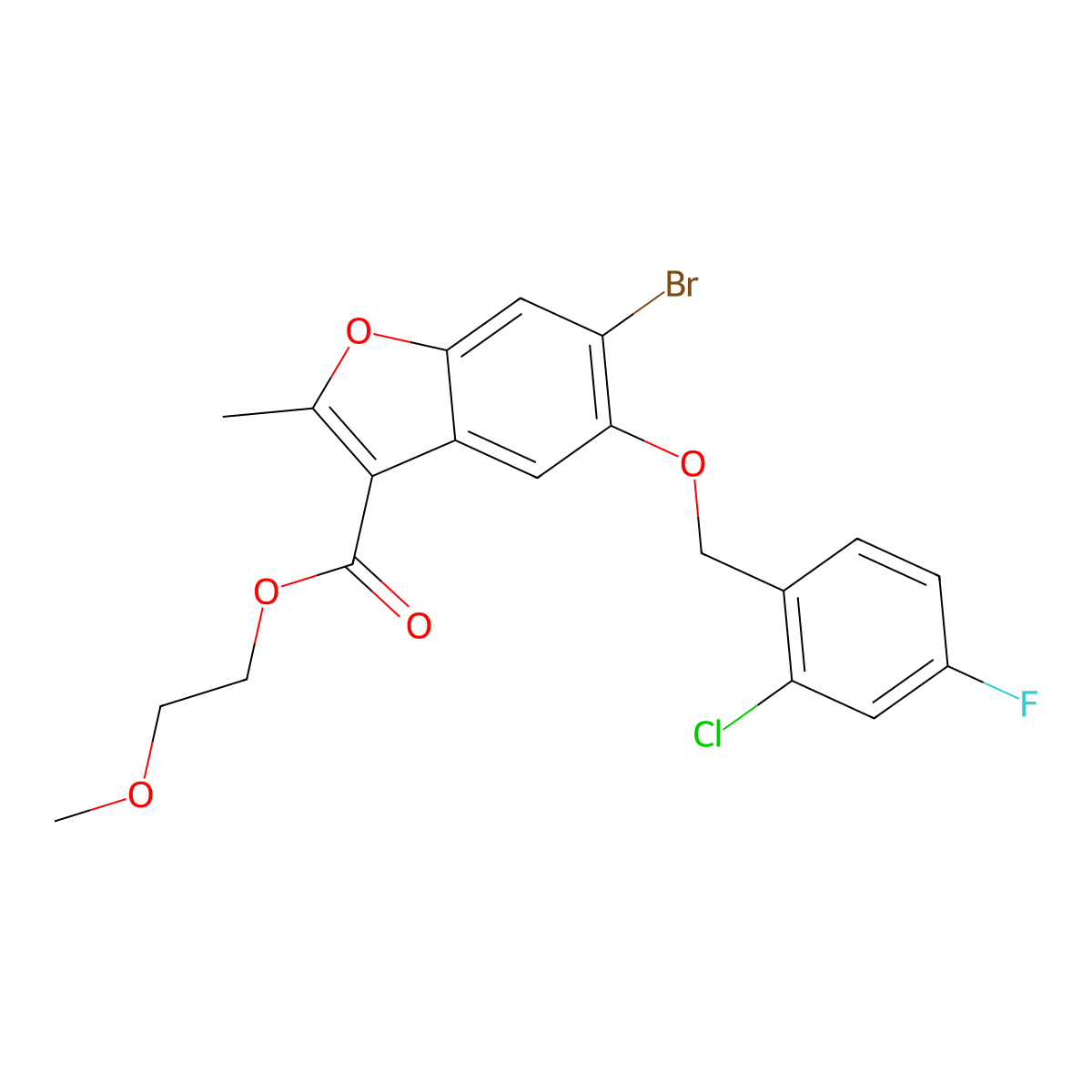 2-Methoxyethyl 6-bromo-5-[(2-chloro-4-fluorophenyl)methoxy]-2-methyl-1-benzofuran-3-carboxylate molecular structure, CAS 383898-44-0