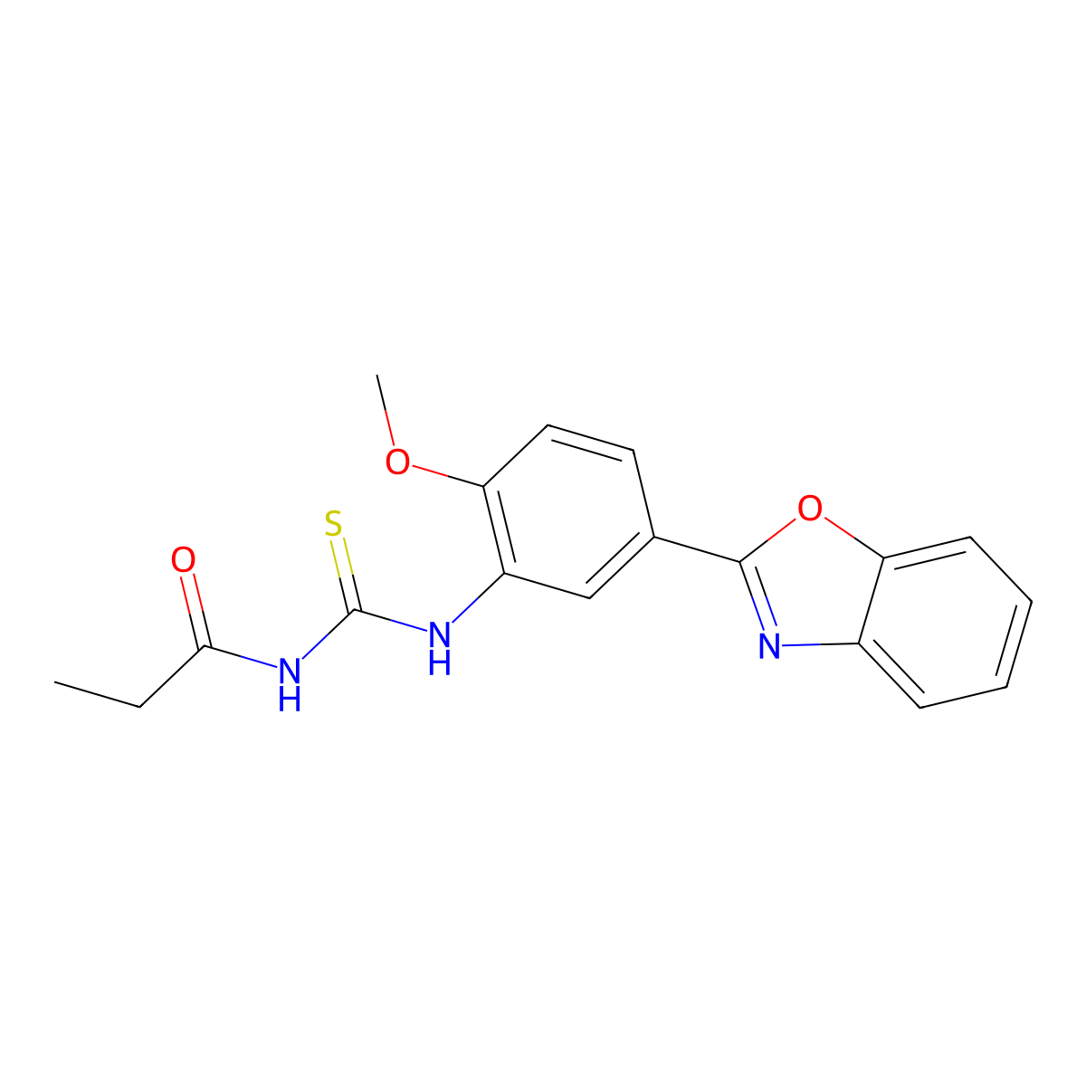 N-[[5-(1,3-benzoxazol-2-yl)-2-methoxyphenyl]carbamothioyl]propanamide molecular structure, CAS 383898-86-0