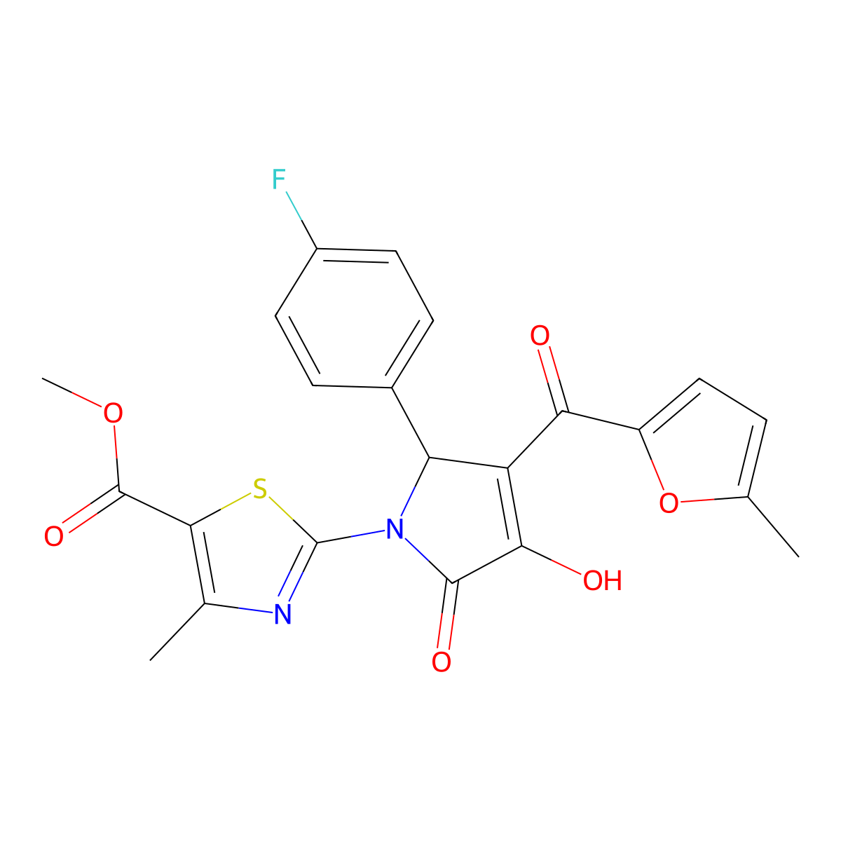 methyl 2-{(3E)-2-(4-fluorophenyl)-3-[hydroxy(5-methylfuran-2-yl)methylidene]-4,5-dioxopyrrolidin-1-yl}-4-methyl-1,3-thiazole-5-carboxylate molecular structure, CAS 383899-39-6