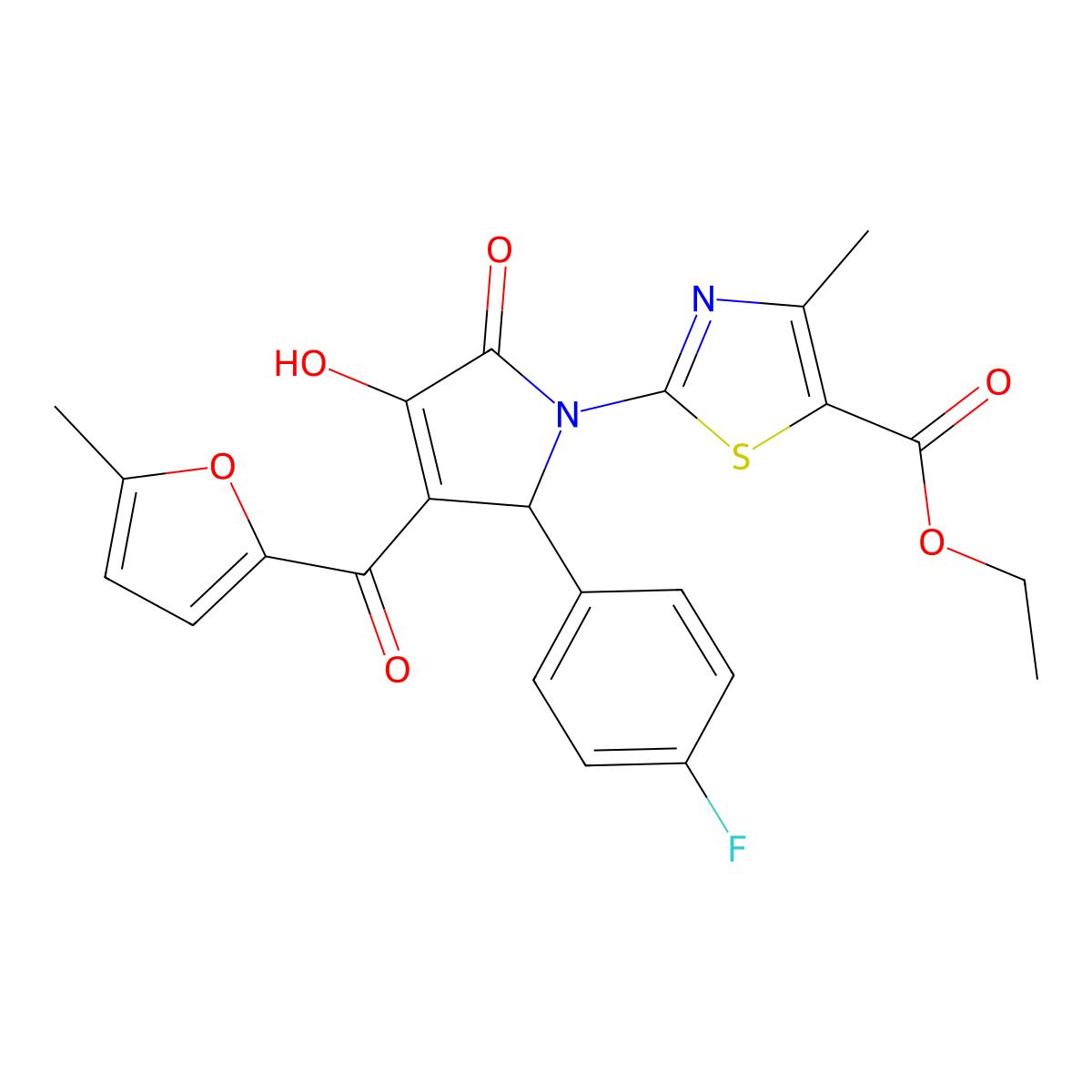 ethyl 2-{(3E)-2-(4-fluorophenyl)-3-[hydroxy(5-methylfuran-2-yl)methylidene]-4,5-dioxopyrrolidin-1-yl}-4-methyl-1,3-thiazole-5-carboxylate molecular structure, CAS 383899-47-6