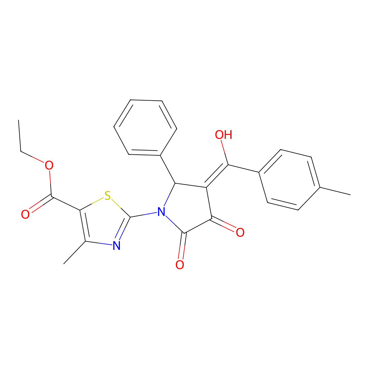 Ethyl 2-[4-[hydroxy-(4-methylphenyl)methylidene]-2,3-dioxo-5-phenylpyrrolidin-1-yl]-4-methyl-1,3-thiazole-5-carboxylate molecular structure, CAS 383901-40-4