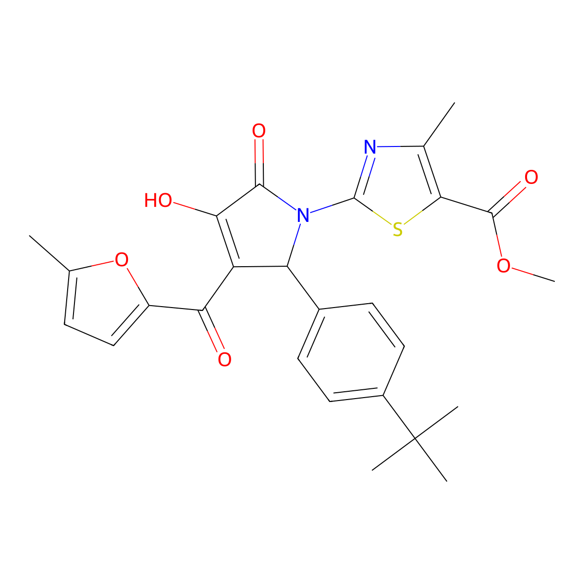 methyl 2-{(3E)-2-(4-tert-butylphenyl)-3-[hydroxy(5-methylfuran-2-yl)methylidene]-4,5-dioxopyrrolidin-1-yl}-4-methyl-1,3-thiazole-5-carboxylate molecular structure, CAS 383901-78-8