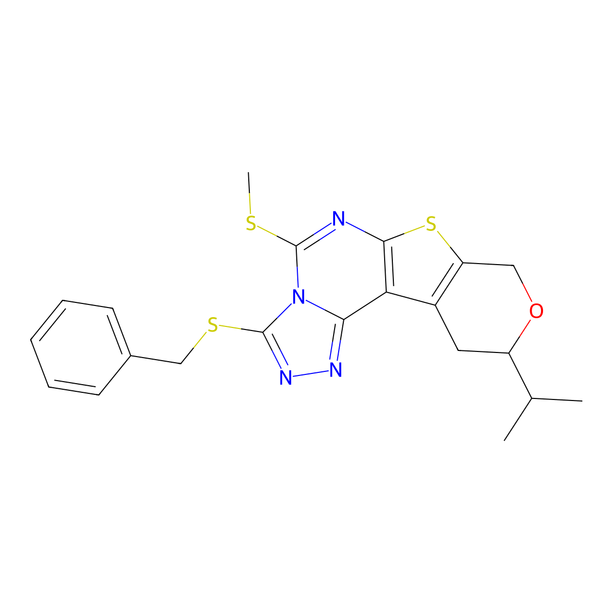 3-(benzylthio)-10-isopropyl-5-(methylthio)-10,11-dihydro-8H-pyrano[4',3':4,5]thieno[3,2-e][1,2,4]triazolo[4,3-c]pyrimidine molecular structure, CAS 383903-03-5