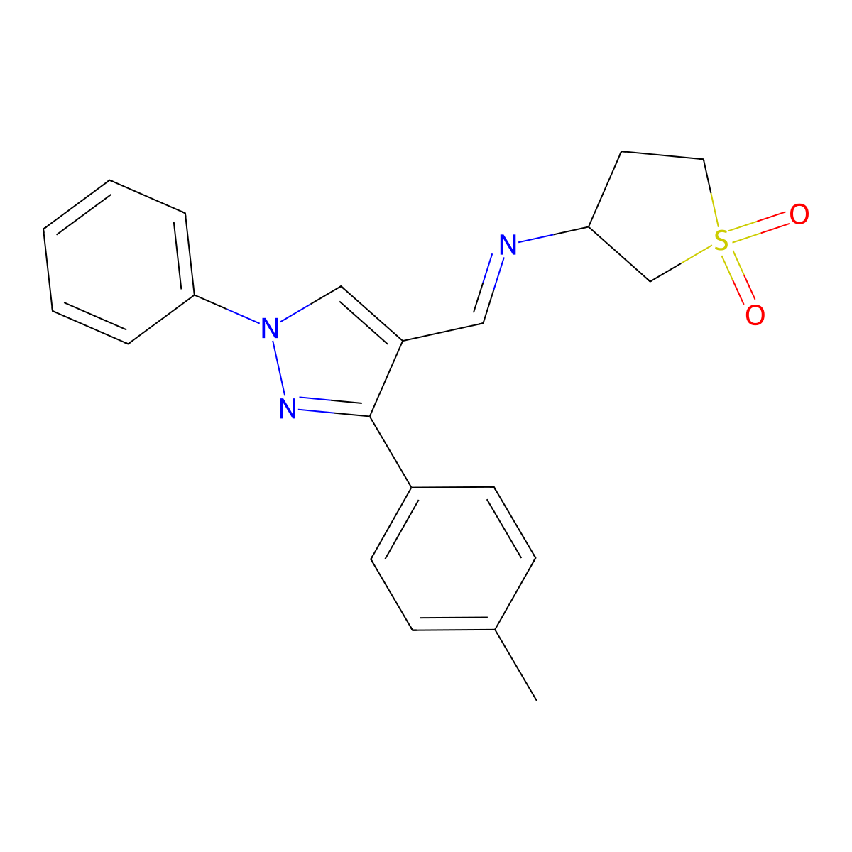 N-{(E)-[3-(4-methylphenyl)-1-phenyl-1H-pyrazol-4-yl]methylidene}tetrahydrothiophen-3-amine 1,1-dioxide molecular structure, CAS 383903-24-0