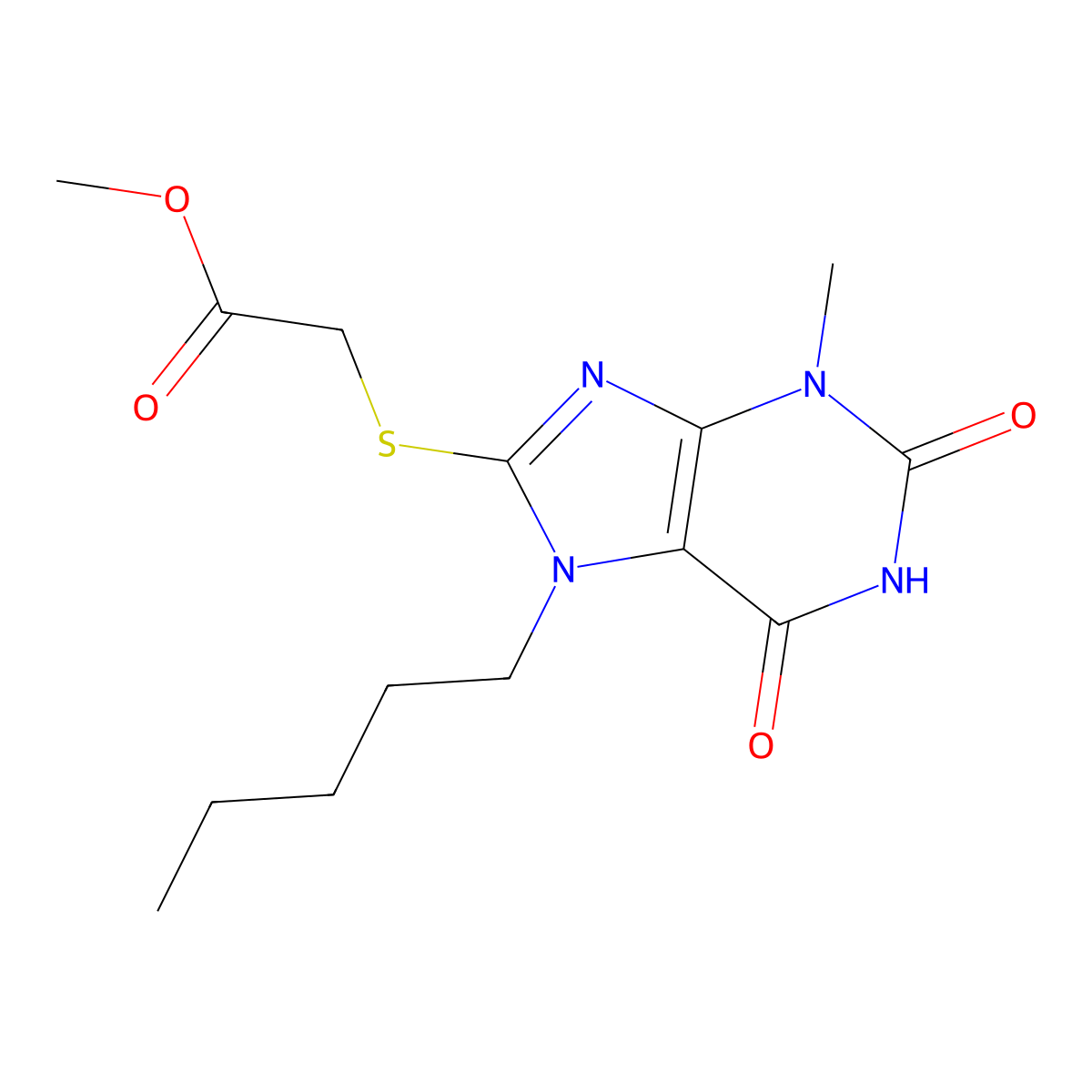 Methyl 2-(3-methyl-2,6-dioxo-7-pentylpurin-8-yl)sulfanylacetate molecular structure, CAS 383903-30-8
