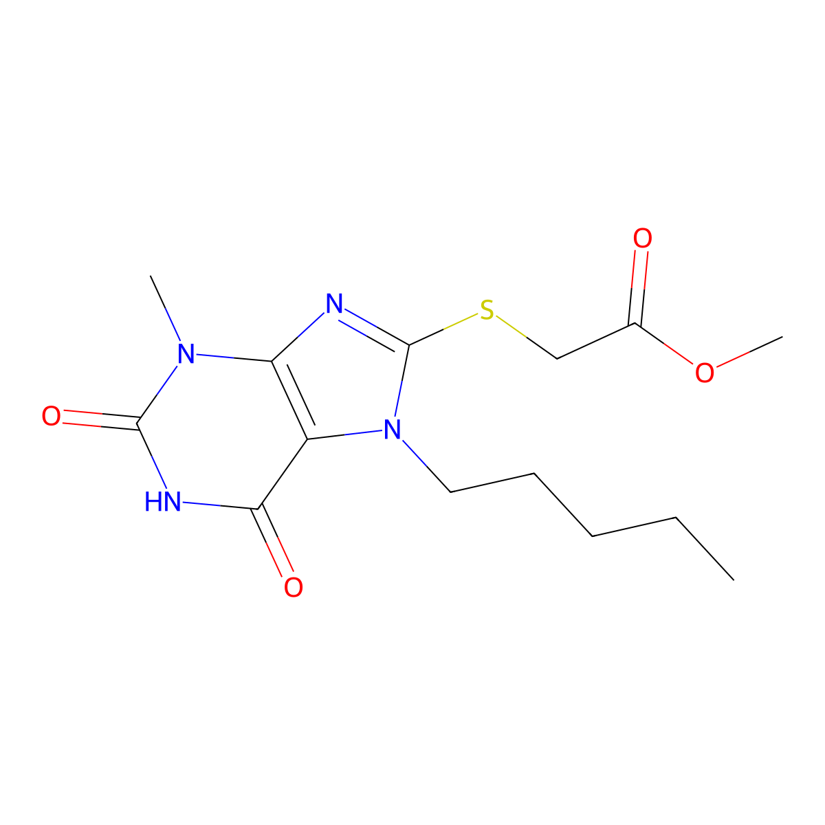 Methyl 2-(3-methyl-2,6-dioxo-7-pentylpurin-8-yl)sulfanylacetate molecular structure, CAS 383903-30-8