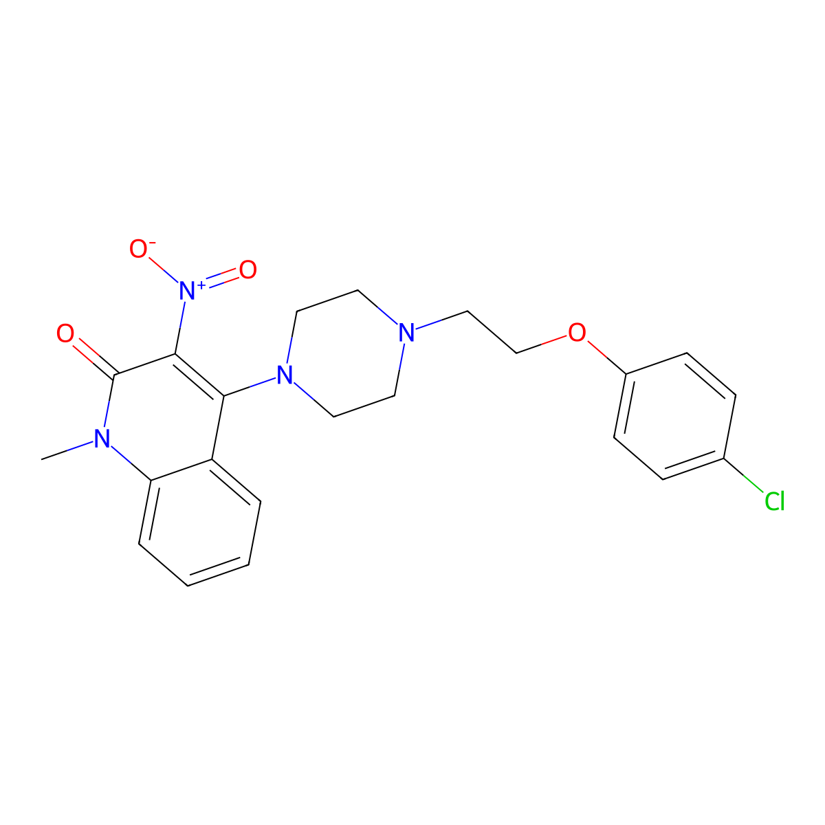 4-(4-(2-(4-chlorophenoxy)ethyl)piperazin-1-yl)-1-methyl-3-nitroquinolin-2(1H)-one molecular structure, CAS 383903-47-7