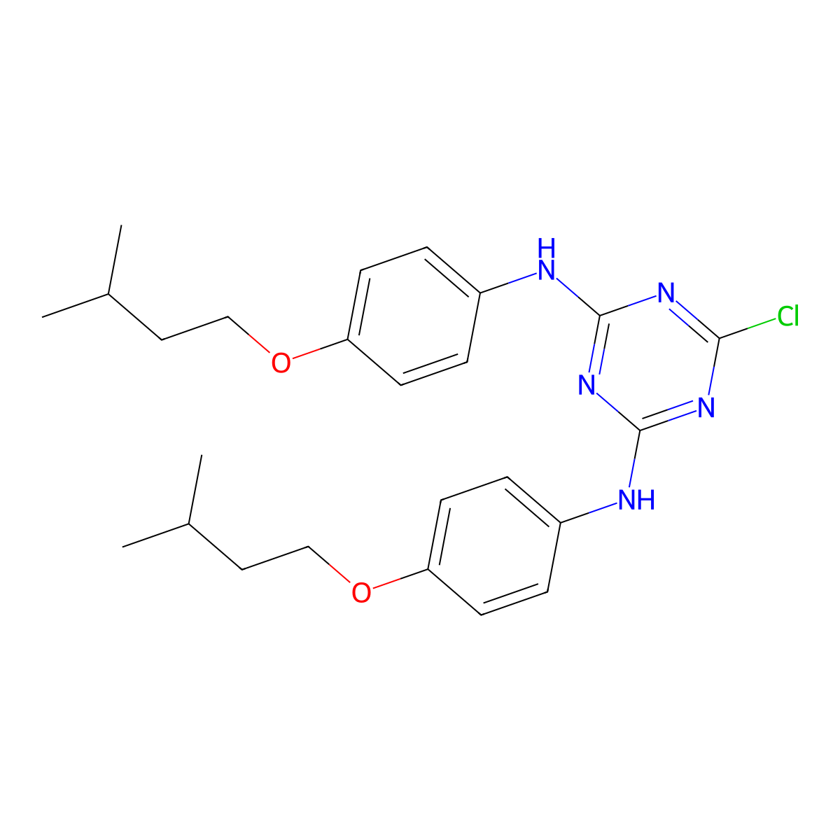 6-chloro-N,N'-bis[4-(3-methylbutoxy)phenyl]-1,3,5-triazine-2,4-diamine molecular structure, CAS 383903-67-1