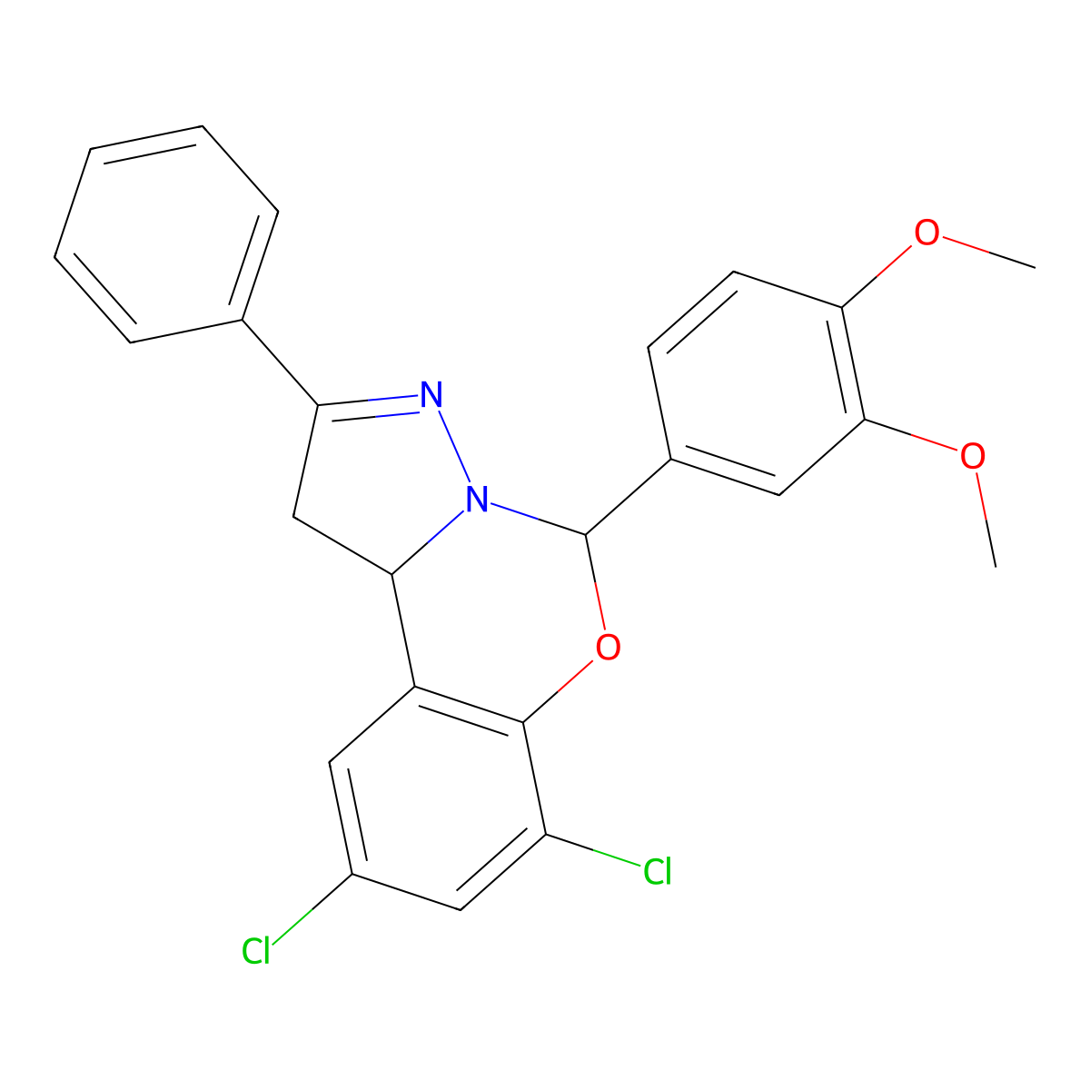 7,9-Dichloro-5-(3,4-dimethoxyphenyl)-2-phenyl-1,10b-dihydropyrazolo[1,5-c][1,3]benzoxazine molecular structure, CAS 383903-75-1