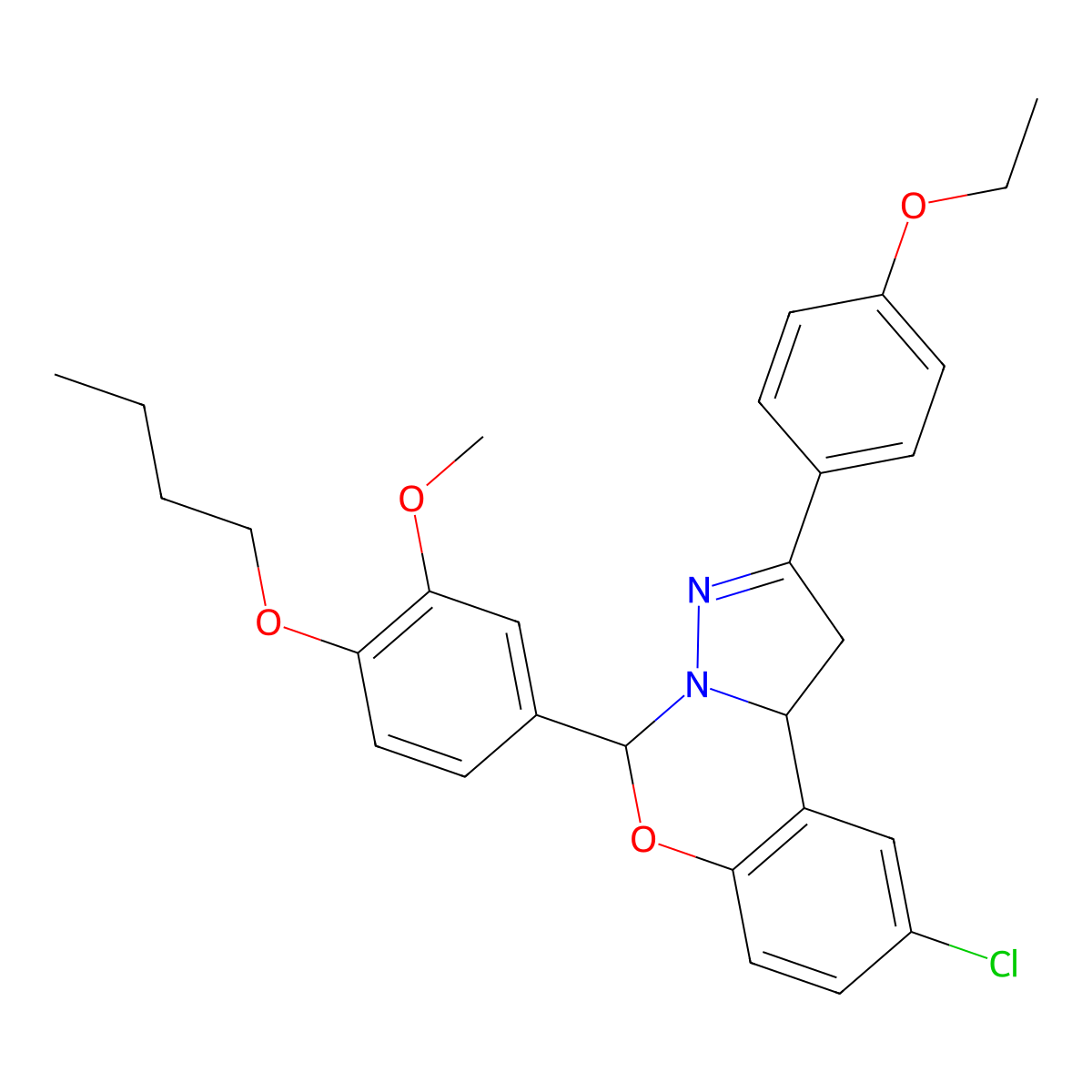 5-(4-Butoxy-3-methoxyphenyl)-9-chloro-2-(4-ethoxyphenyl)-1,10b-dihydropyrazolo[1,5-c][1,3]benzoxazine molecular structure, CAS 383904-03-8