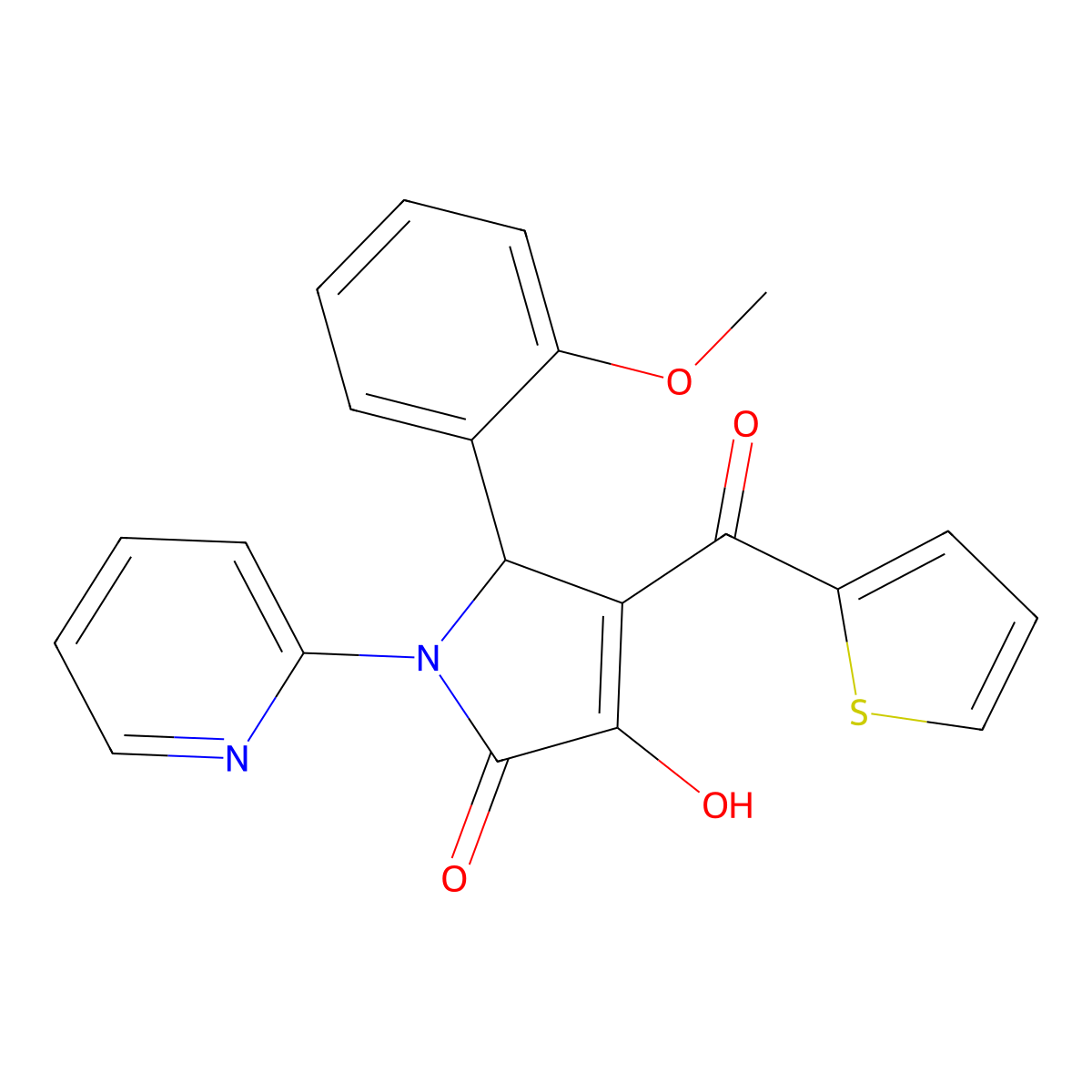 3-hydroxy-5-(2-methoxyphenyl)-1-(pyridin-2-yl)-4-(thiophen-2-ylcarbonyl)-1,5-dihydro-2H-pyrrol-2-one molecular structure, CAS 383904-05-0