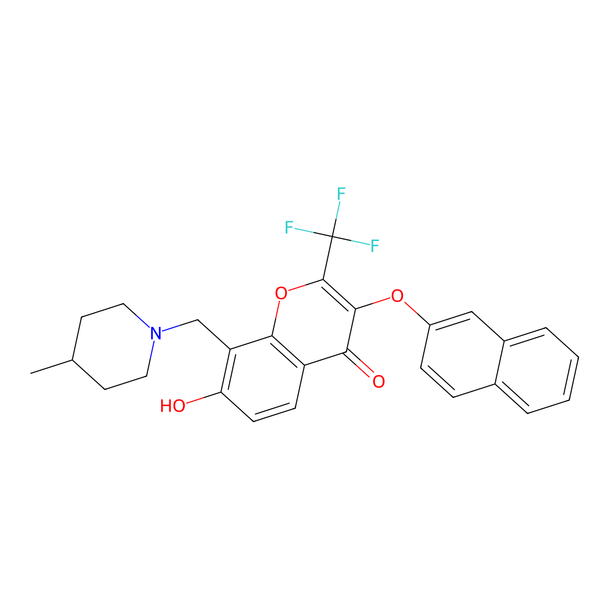 7-hydroxy-8-[(4-methyl-1-piperidinyl)methyl]-3-(2-naphthyloxy)-2-(trifluoromethyl)-4H-chromen-4-one molecular structure, CAS 383904-30-1