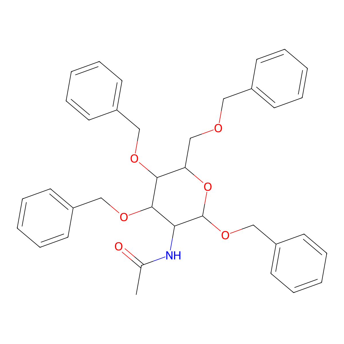 N-((2S,3R,4R,5S,6R)-2,4,5-Tris(benzyloxy)-6-((benzyloxy)methyl)tetrahydro-2H-pyran-3-yl)acetamide molecular structure, CAS 38416-56-7