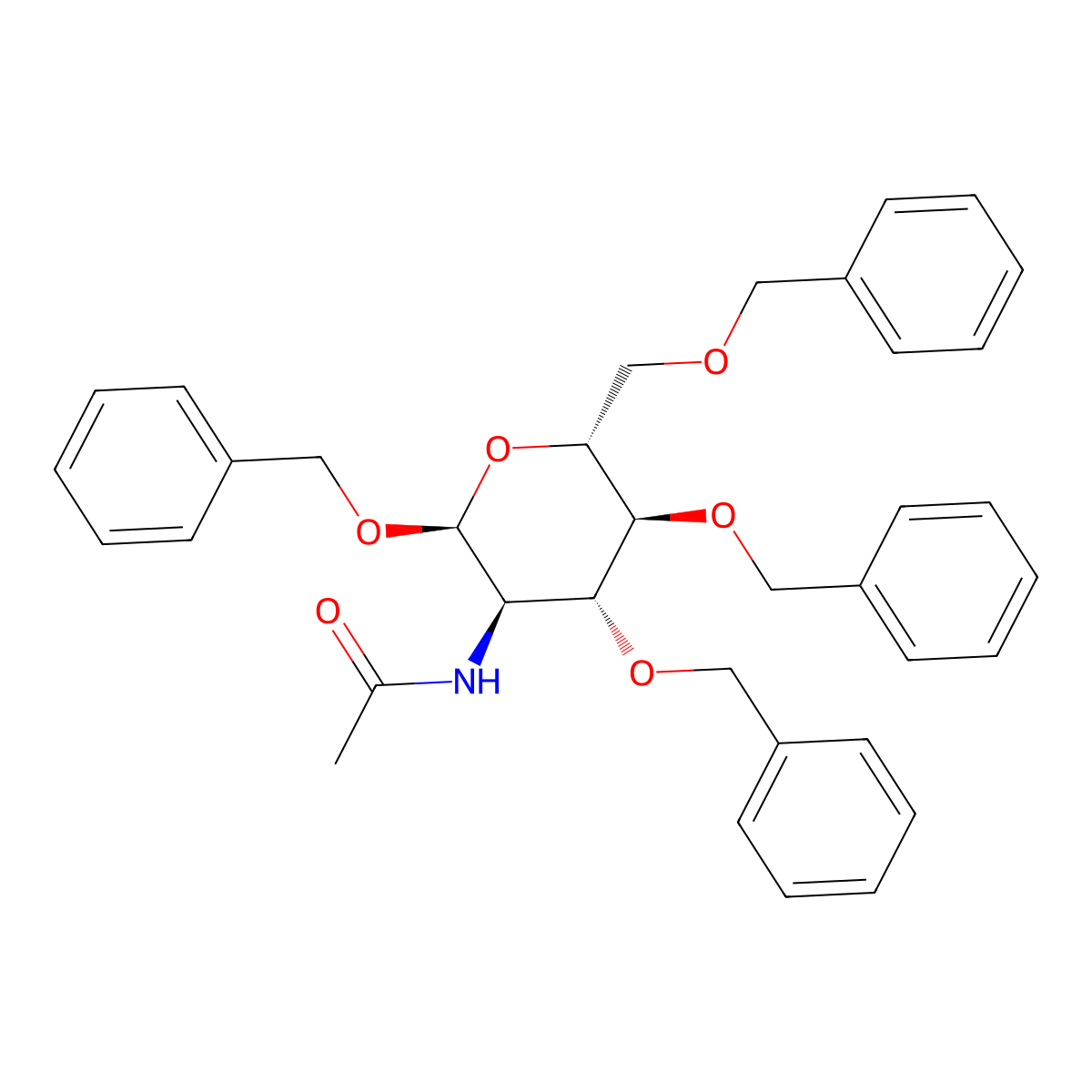 N-((2S,3R,4R,5S,6R)-2,4,5-Tris(benzyloxy)-6-((benzyloxy)methyl)tetrahydro-2H-pyran-3-yl)acetamide molecular structure, CAS 38416-56-7