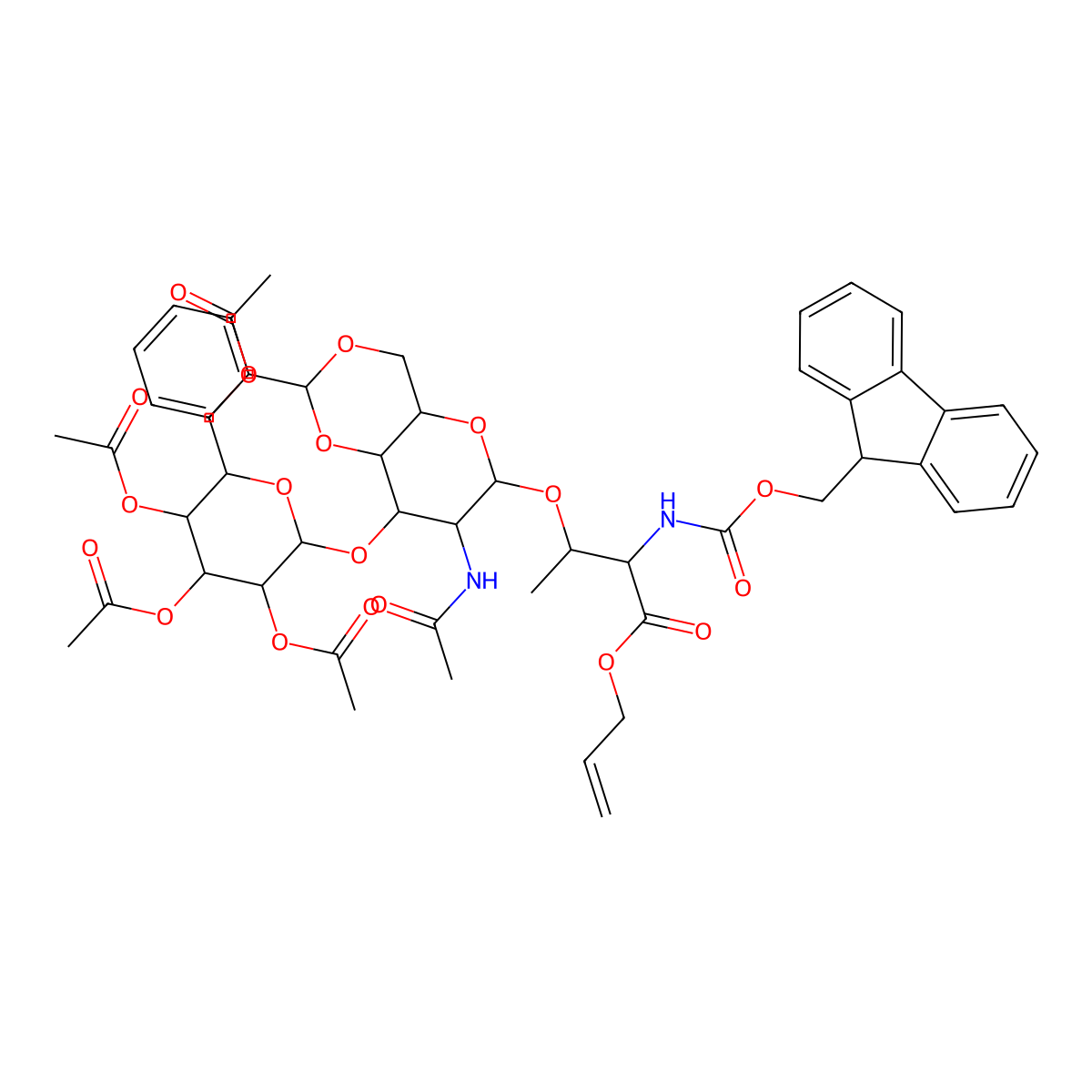 Prop-2-enyl (2S,3R)-3-[[(2S,4aR,6S,7R,8R,8aR)-7-acetamido-2-phenyl-8-[(2R,3R,4S,5S,6R)-3,4,5-triacetyloxy-6-(acetyloxymethyl)oxan-2-yl]oxy-4,4a,6,7,8,8a-hexahydropyrano[3,2-d][1,3]dioxin-6-yl]oxy]-2-(9H-fluoren-9-ylmethoxycarbonylamino)butanoate molecular structure, CAS 384346-85-4