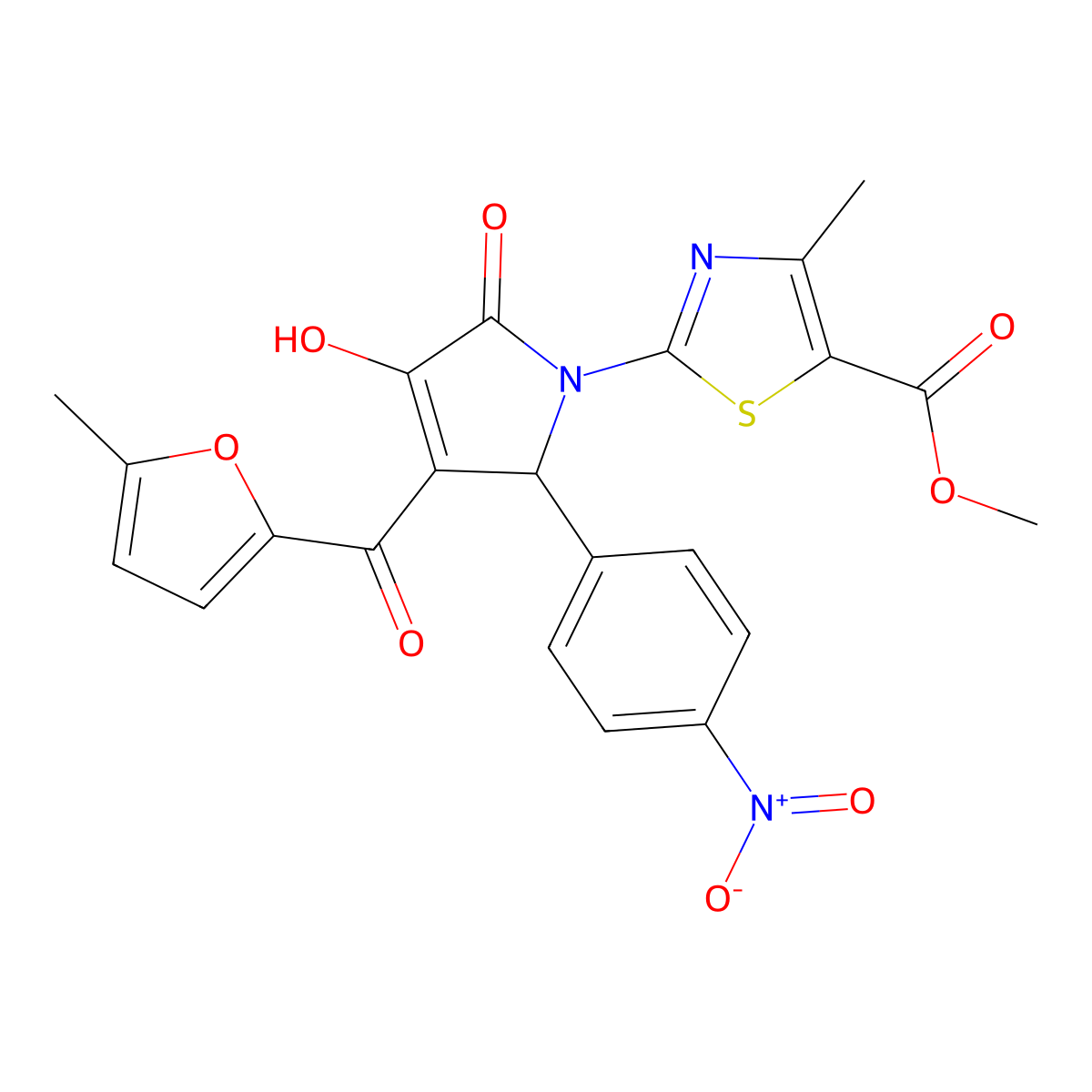methyl 2-[(3E)-3-[hydroxy(5-methylfuran-2-yl)methylidene]-2-(4-nitrophenyl)-4,5-dioxopyrrolidin-1-yl]-4-methyl-1,3-thiazole-5-carboxylate molecular structure, CAS 384349-44-4
