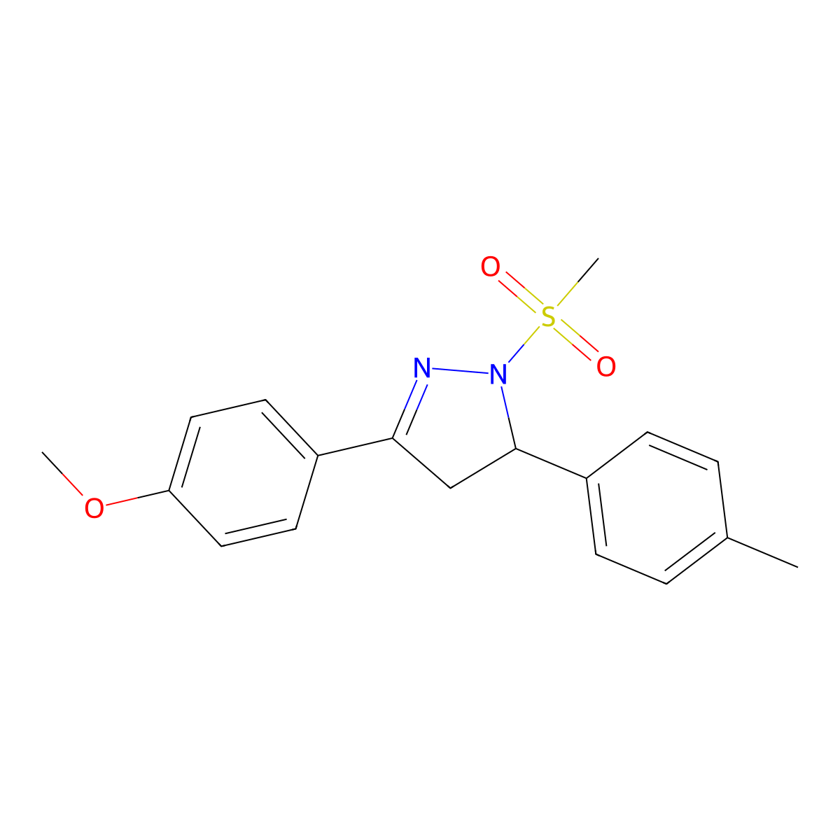 3-(4-methoxyphenyl)-1-(methylsulfonyl)-5-(p-tolyl)-4,5-dihydro-1H-pyrazole molecular structure, CAS 384349-48-8