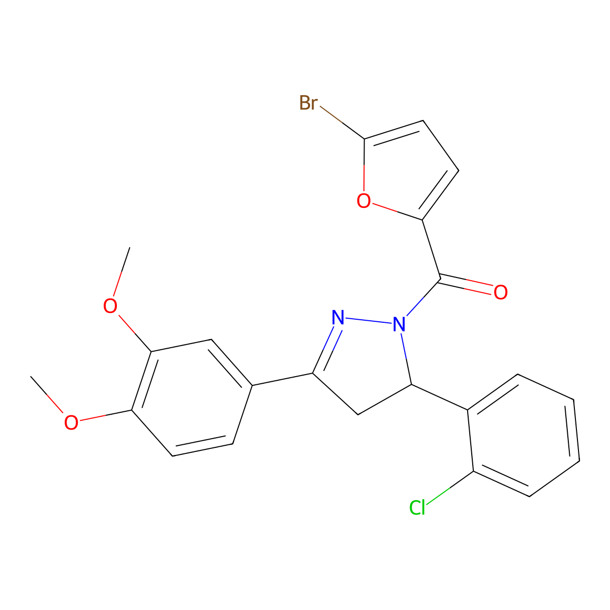 (5-bromofuran-2-yl)(5-(2-chlorophenyl)-3-(3,4-dimethoxyphenyl)-4,5-dihydro-1H-pyrazol-1-yl)methanone molecular structure, CAS 384350-73-6