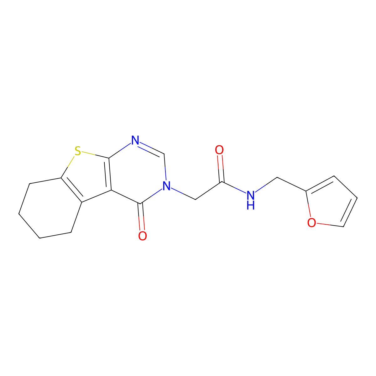 N-(furan-2-ylmethyl)-2-(4-oxo-5,6,7,8-tetrahydro-[1]benzothiolo[2,3-d]pyrimidin-3-yl)acetamide molecular structure, CAS 384351-55-7