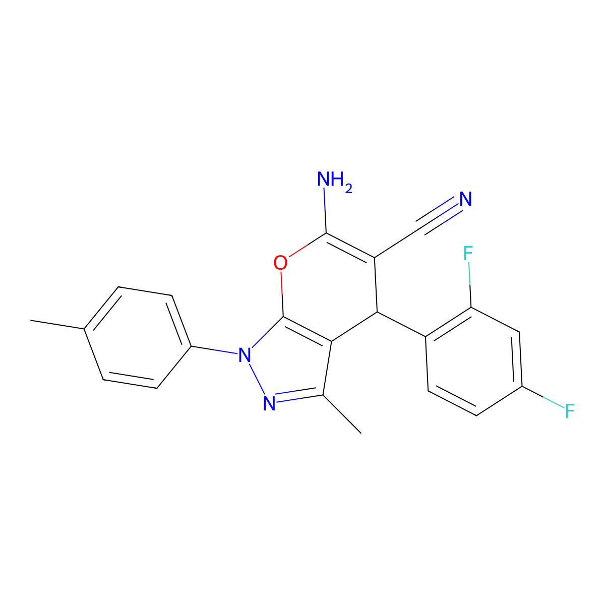 6-amino-4-(2,4-difluorophenyl)-3-methyl-1-(4-methylphenyl)-4H-pyrano[2,3-c]pyrazole-5-carbonitrile molecular structure, CAS 384351-64-8
