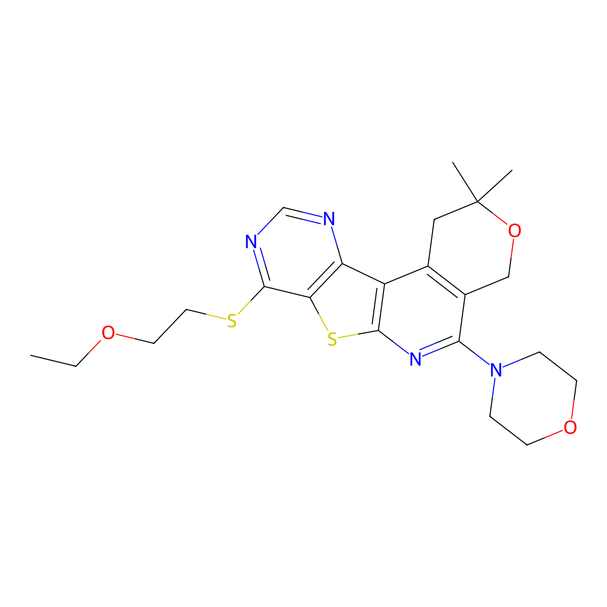 8-((2-ethoxyethyl)thio)-2,2-dimethyl-5-morpholino-2,4-dihydro-1H-pyrano[4'',3'':4',5']pyrido[3',2':4,5]thieno[3,2-d]pyrimidine molecular structure, CAS 384351-75-1