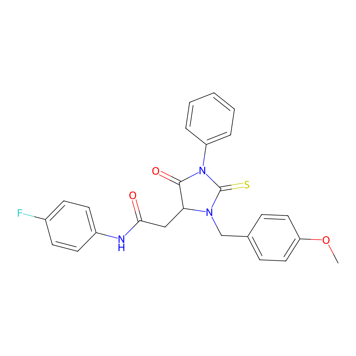 N-(4-fluorophenyl)-2-[3-[(4-methoxyphenyl)methyl]-5-oxo-1-phenyl-2-sulfanylideneimidazolidin-4-yl]acetamide molecular structure, CAS 384351-87-5